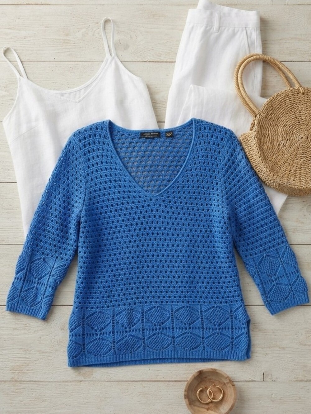 Jeanne Pierre XL Crochet Knit V-Neck Sweater 3/4 Sleeve Boho Coastal Grandma